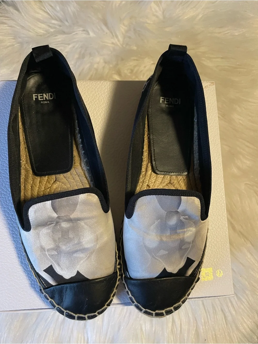 Fendi Black and White Canvas & Leather Espadrille Flats Made in Spain 🇪🇸